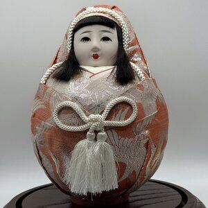 Vintage 9″ Hime Daruma Roly‑Poly Wedding Doll - Princess Daruma in Glass Dome